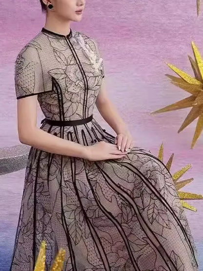 Vintage Party Dress Fashion O Neck Short Sleeve Lace Mesh Embroidery Elegant Long Dresses For Women 2025 Spring Summer 8980