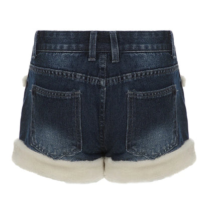 Kawaii Fluffy Trim Mini Jeans Women Chic Gentle Sweet Style Pants Fashion All-Match Blue Short Design