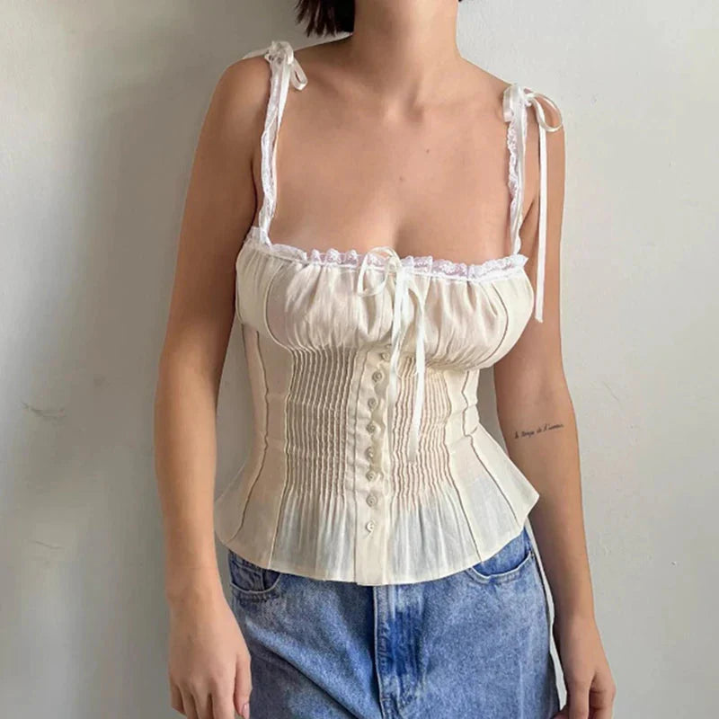 y2k Tops Spaghetti Strap Sleeveless Bustier Corset Camisole Pleated Vest 2000s Aesthetic Clothes Clubwear
