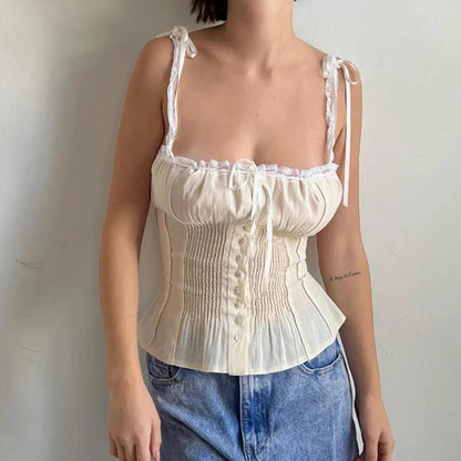 y2k Tops Spaghetti Strap Sleeveless Bustier Corset Camisole Pleated Vest 2000s Aesthetic Clothes Clubwear