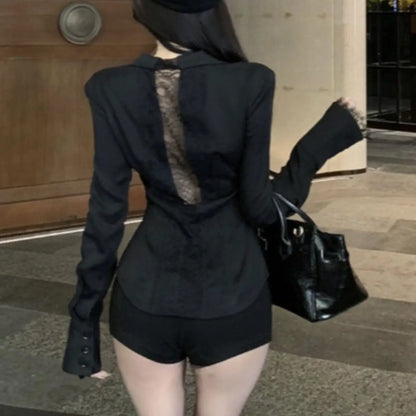 Backless Lace Youthful Fashion Black Long Sleeve Shirt Women V Neck Patchwork Elegant Basic Blouse Lady Office Casual White Top