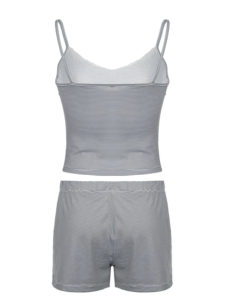 Contrast Lace Patchwork Slim Stripe Y2K 2 Pieces Shorts Sets Womens Cute Kawaii V Neck Camisole And Botton Shorts Set