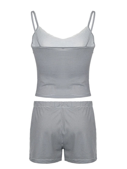 Contrast Lace Patchwork Slim Stripe Y2K 2 Pieces Shorts Sets Womens Cute Kawaii V Neck Camisole And Botton Shorts Set