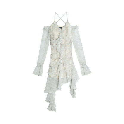 Voguable Y2K Ruffles Irregular Short Dress Tie Dye Flare Sleeves Elegant Party Dress Prom Robe Halter Vestidos