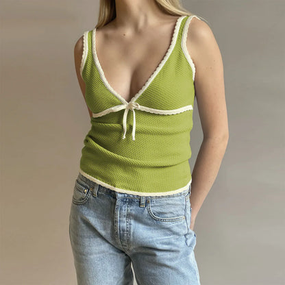 Retro Deep V Neck Crop Top Y2k Ruffle Vintage Tank Tops WoTie Up Bow Knitted Woman Backless Cute Tops New