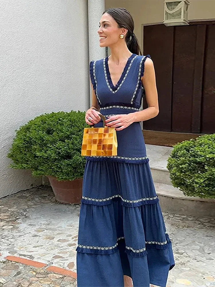 Chic Elegant Tassel Spliced Print Ruffles Long Dress Women Fashion V Neck Sleeveless A-line Robe  Chic Lady Holiday Robe