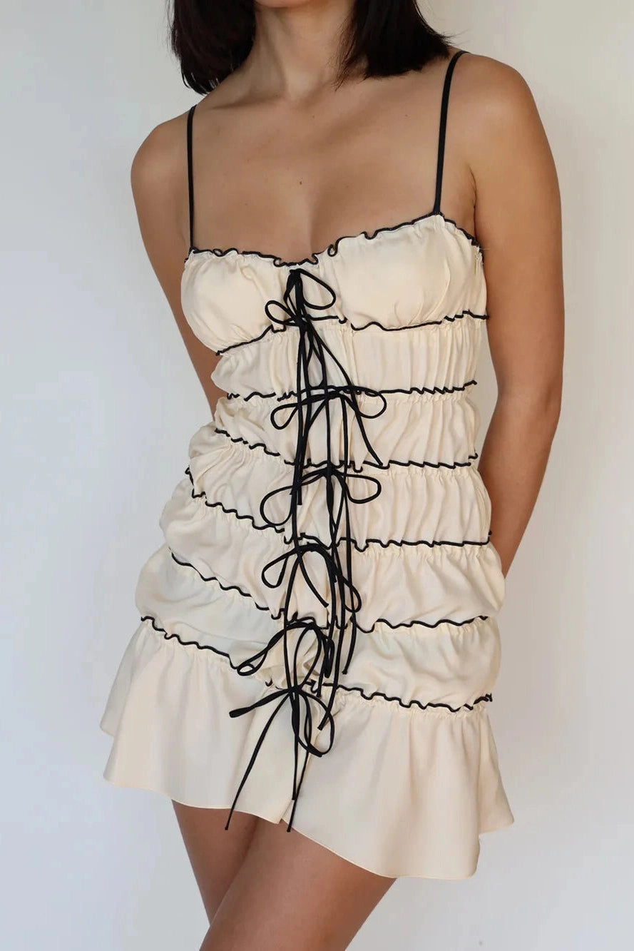 Pleated Mini Dress with Spaghetti Straps and See-Through Detail