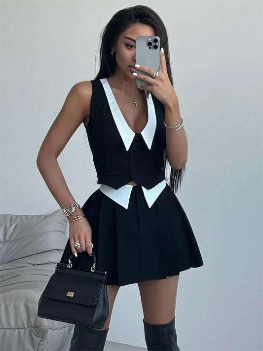 Summer Sexy 2 Piece-Set Skirt Female 2025 V-Neck Sleeveless Vestidos And High Waist Pleated Skirts Sets Women’s Clothes