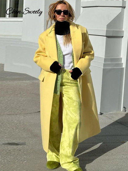 Fashion Woolen Long Coat Women  Autumn Full Sleeve Button Fake Pocket Split Yellow Overcoat Elegant Oversize New in Outwear
