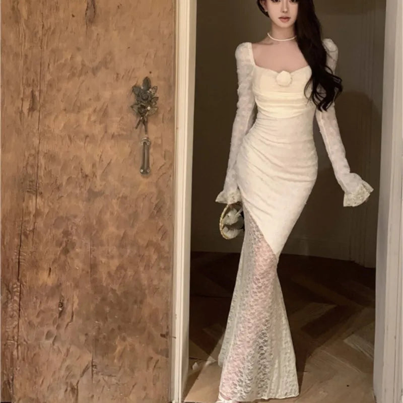 Autumn Sexy Lace Maxi Dresses for Women Off Shoulder Fishtail Bodycon Mermaid Birthday Evening Party Prom Robe Vestidos Mujer