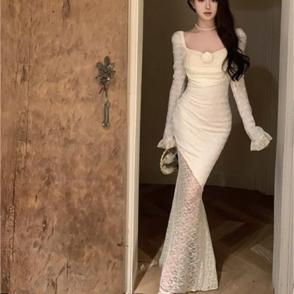 Autumn Sexy Lace Maxi Dresses for Women Off Shoulder Fishtail Bodycon Mermaid Birthday Evening Party Prom Robe Vestidos Mujer