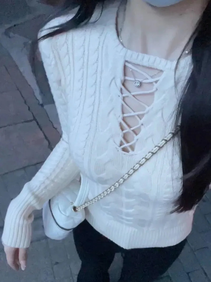 Y2K Vintage Punk Knitted Front Cross O-Neck Sexy Sweet Sweater