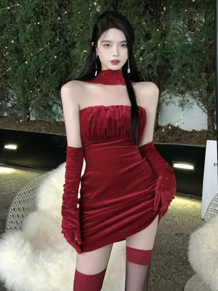 Sexy Bodycon Velvet Mini Dresses for Women Strapless Slim Waist Birthday Party Evening Dress Korean Fashion One Piece Vestidos