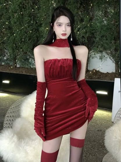 Sexy Bodycon Velvet Mini Dresses for Women Strapless Slim Waist Birthday Party Evening Dress Korean Fashion One Piece Vestidos