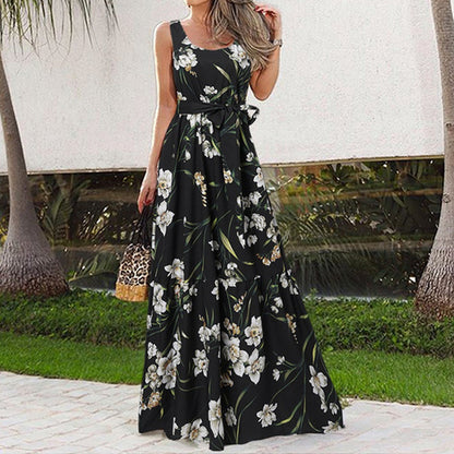 Summer Flower Print Sleeveless Long Dresses Women Elegant Casual Vacation Style Dress O Neck High Waist Leace-up Maxi Vestidos