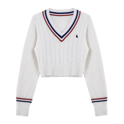 Korean Fashion Sweaters Women Autumn V-neck Y2K Cartoon Embroidery Knitted Tops Winter Soft Basic Long Sleeve Pullovers