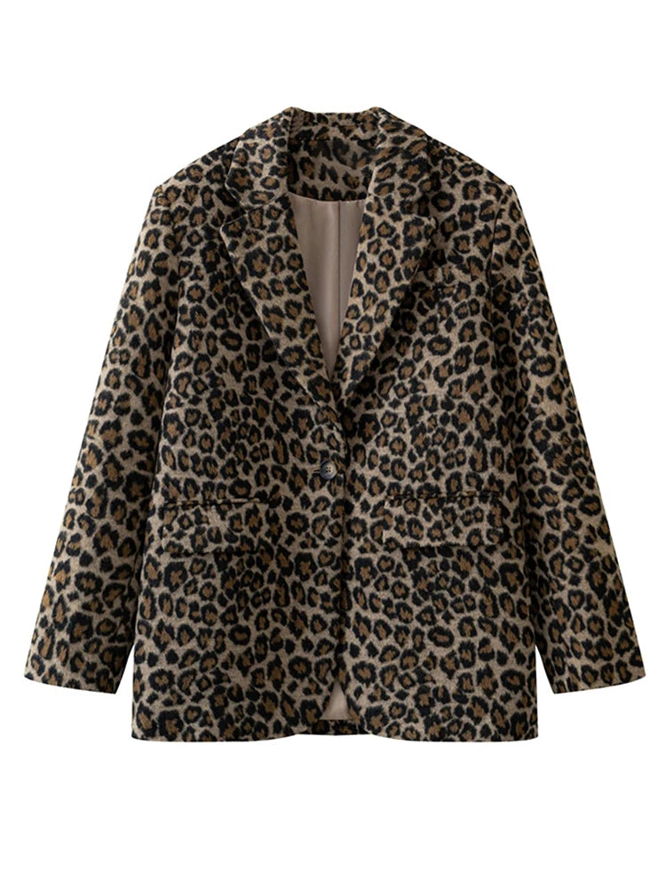 Fall Leopard Print Jacket Blazer Women Lapel One Button Long Sleeve Loose Coat Female  Fashion All-matching New in Outwears