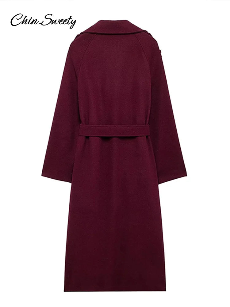 Fashion Burgundy Red Double Breasted Overcoat Women Lace Up Loose Lapel Pockets Long Sleeve Coat  New High Street Outerwear
