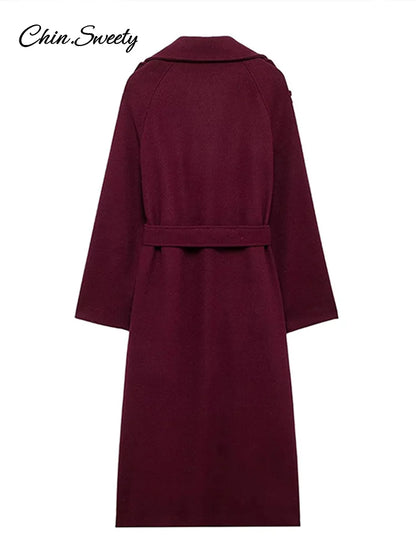 Fashion Burgundy Red Double Breasted Overcoat Women Lace Up Loose Lapel Pockets Long Sleeve Coat  New High Street Outerwear