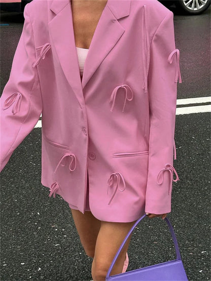 Fashion Luxury Suit Outwear For Women Lace-Up Patchwork Pocket Loose Long Sleeve Cardigan Streetwear Female Solid Coat New
