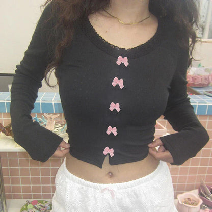 Voguable  Kawaii Multi Bow Single-breasted Knitted Top Solid Japanese Lolita Style Cropped Tops Sweet Barbiecore T-shirt y2k Tees