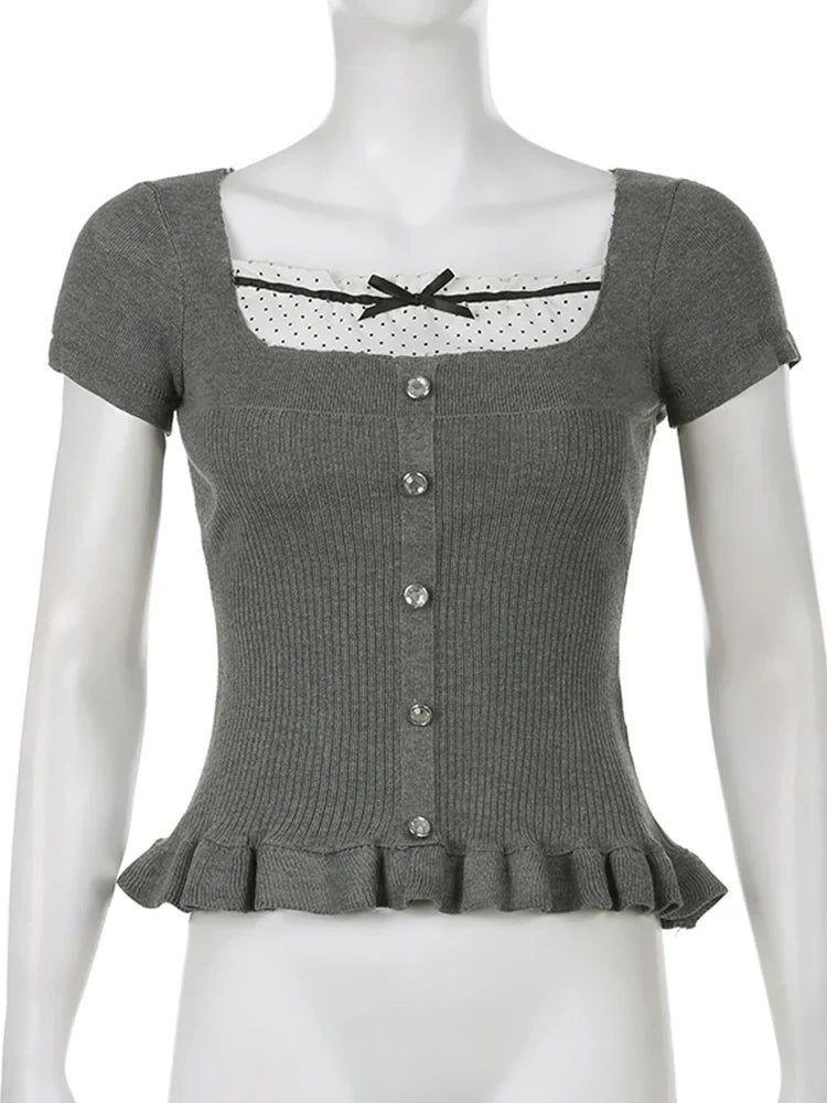 Voguable  Ribbons Bow Contrast Patchwork T-shirt Y2K Aesthetic Button Up Frill Casual Basic Crop Top Kawaii Lolita Tops Cute Tees