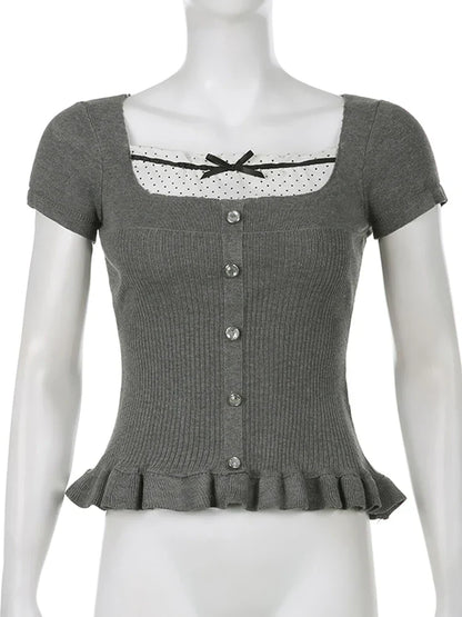 Voguable  Ribbons Bow Contrast Patchwork T-shirt Y2K Aesthetic Button Up Frill Casual Basic Crop Top Kawaii Lolita Tops Cute Tees