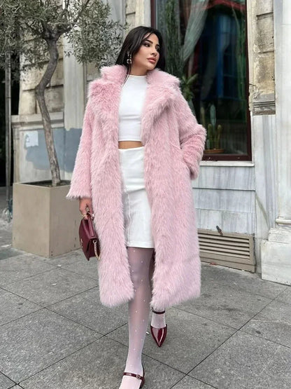 Winter Fur Feather Loose Overcoat Women’s Fashion Pocket Solid Commute Streetwear Jacket Ladies Luxury Patchwork Coat 2025
