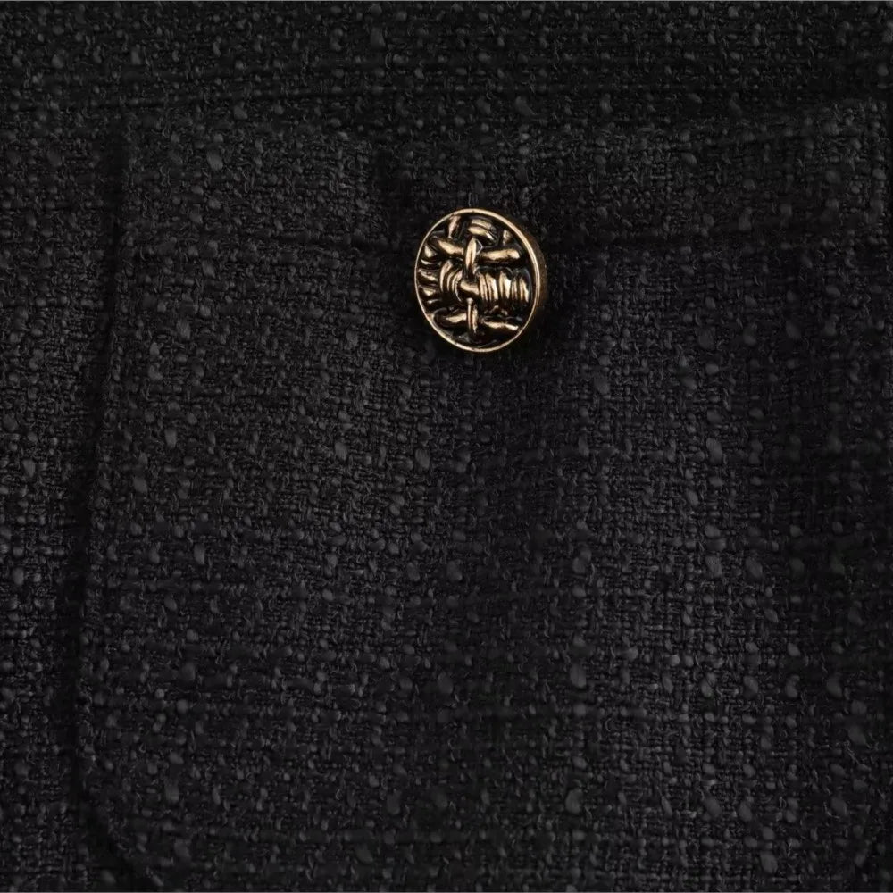 Autumn O neck Soft Woolen Black Tweed Coat Cropped Vintage Women Front Pocket Single-Breated Buttons Short Blazer Elegant Jacket