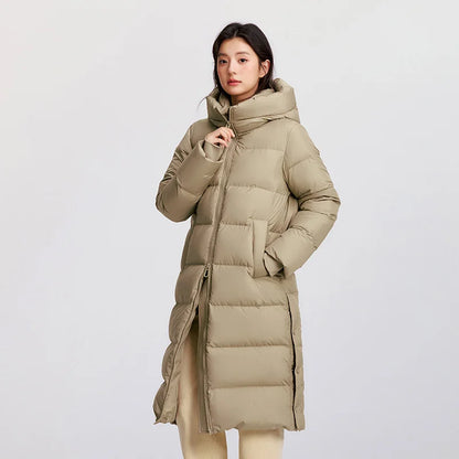 Down Jacket Women Long Length Hooded Slit Loose  New Winter Water-Repellent Goose Down Clothing