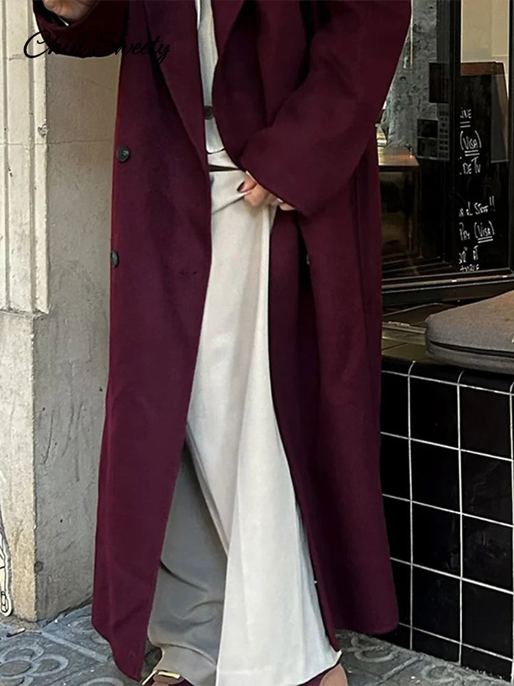 Fashion Burgundy Red Woolen Long Coat Women Oversized Shoulder Pads Full Sleeve Double Breasted Overcoats Autumn Lady Streetwear