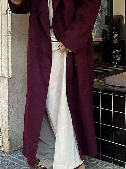 Fashion Burgundy Red Woolen Long Coat Women Oversized Shoulder Pads Full Sleeve Double Breasted Overcoats Autumn Lady Streetwear