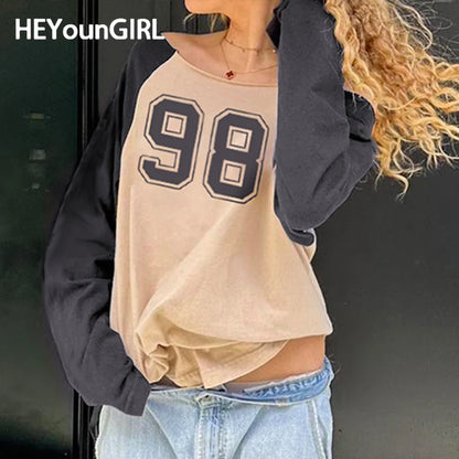 Harajuku Contrast Digital Print Tee Shirt Women Streetwear Autumn Long Sleeve O-neck Y2K Top Grunge Stylish Pullovers