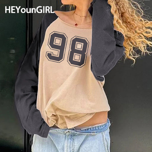 Harajuku Contrast Digital Print Tee Shirt Women Streetwear Autumn Long Sleeve O-neck Y2K Top Grunge Stylish Pullovers