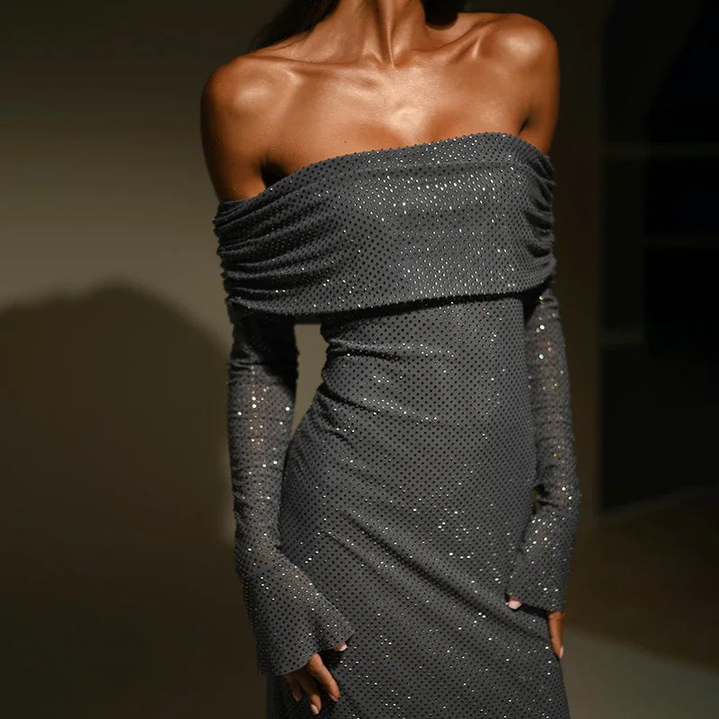 Off Shoulder Long Sparkle Glitter Nightclub Sexy Autumn Winter Maxi Dress