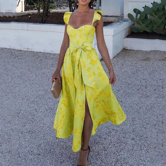 Flowers Print Sleeveless Long Dresses Women Sexy Low Cut Backless Bowknot Leace-up Slit Dress Temperament Lady Vestidos 2025 New