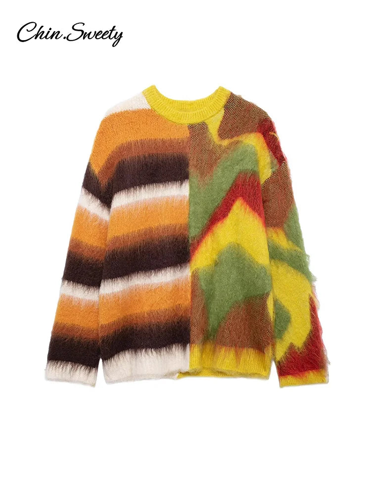 Casual Mohair Knit Women Pullover Colorful O-neck Long Sleeve Loose Sweater  New Autumn Fashion Lady All-matching Knitwear