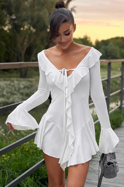 Deep V-Neck Bodycon Dress with Flared Sleeves