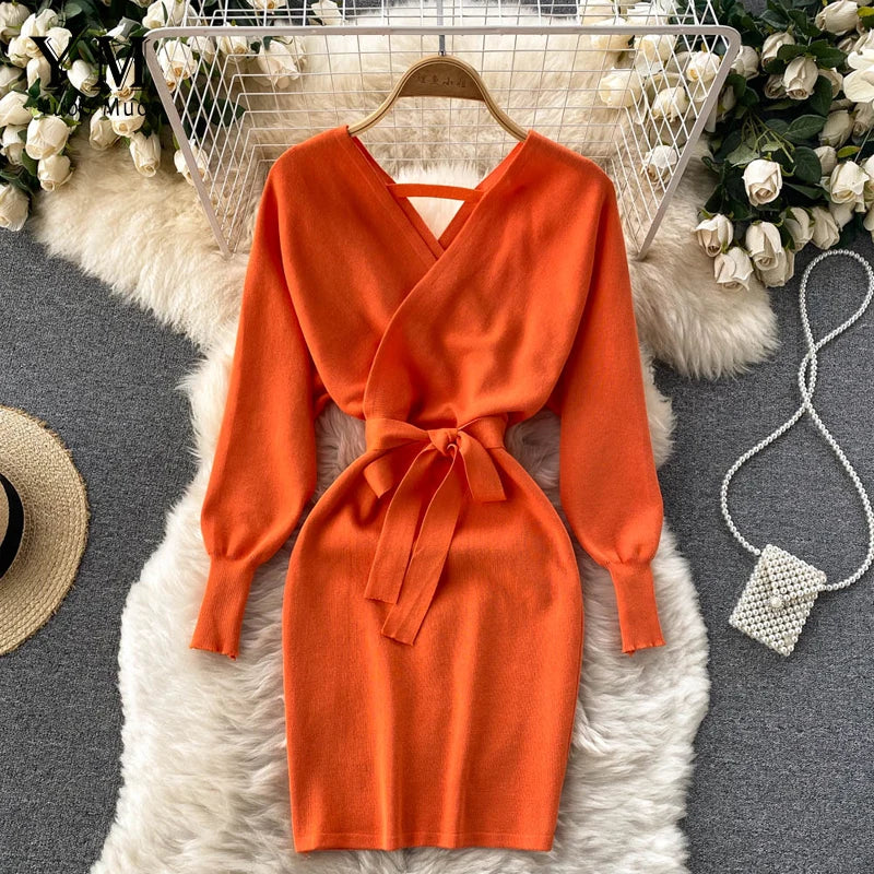 Y2K Casual Vestidos Dress  Winter Bodycon Knitted Sweater Dress Elegant  Office Ladies Dress
