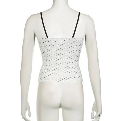 Voguable  Y2K Polka Dot Crop Top Buttons Contrast Lace Patchwork V-neck Camisole Coquette Casual Basic Tank Tops All-match