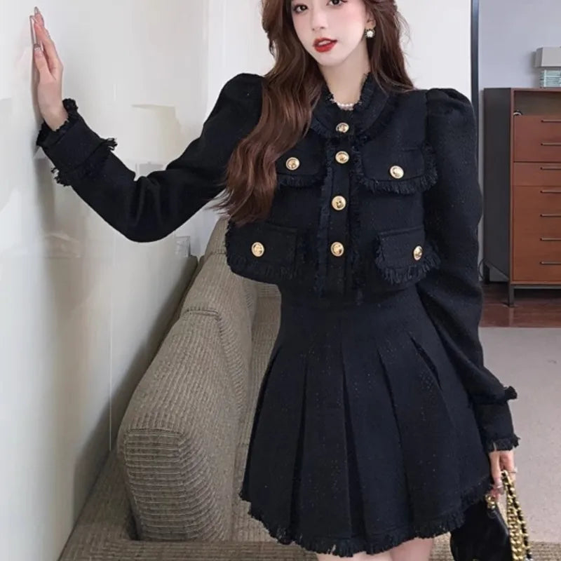 Elegant Tweed Suit 2-piece Skirt Set Autumn Winter New French Style Cropped Jacket Coat Mini Skirt Korean Fashion Female Outfits