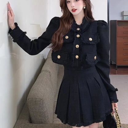 Elegant Tweed Suit 2-piece Skirt Set Autumn Winter New French Style Cropped Jacket Coat Mini Skirt Korean Fashion Female Outfits