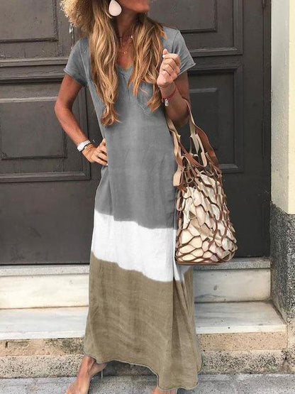 Casual Loose Contrasting Colors Long Dresses Women Fashion Summer V-neck Short Sleeves Maxi Dress Female Commuting Vestidos New