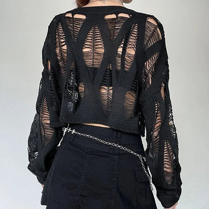 Hole Hollow Out Y2K T-shirts Batwing Sleeve Knitted Shirt For Loose Streetwear Tops