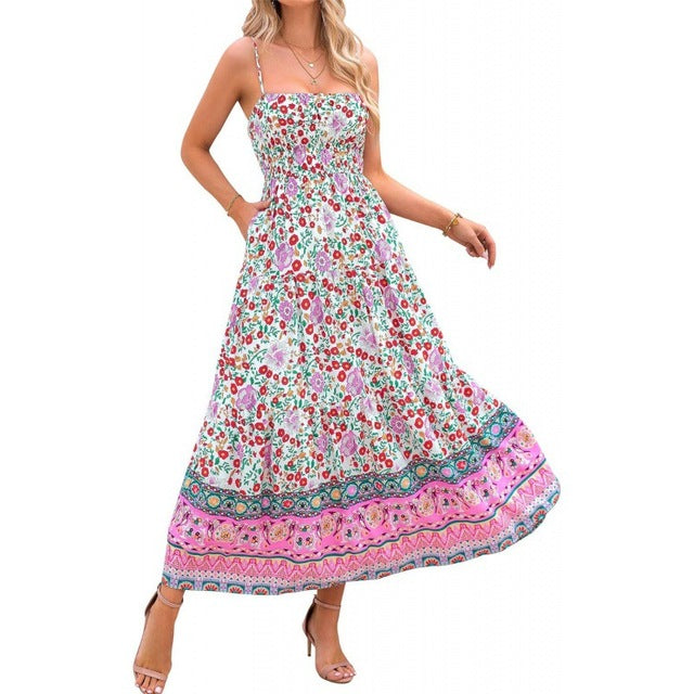 Vintage Flower Print Spaghetti Strap Dresses Women Fashion Trendy Bohemian Beach Vacation Long Dress Female Summer New Vestidos