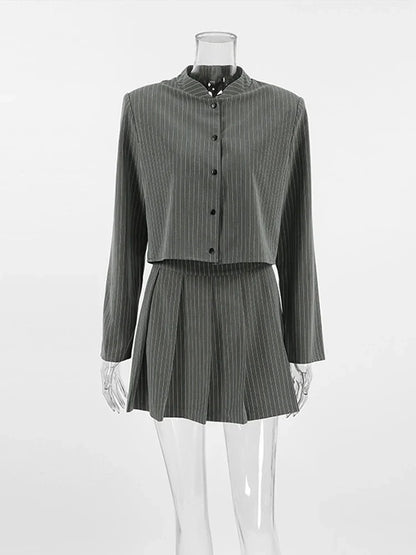 Women Striped Skirt Set Stand Collar Single Breasted Top High Waist Pleated Skirts 2024 Summer Fall New Fashion Lady Office Suit