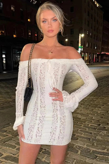 Off Shoulder Lace Flare Sleeve Mini Dress