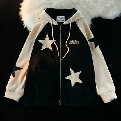 Voguable Y2K Harajuku Style Star Patch Zipper Hooded Streetwear Popular Casual Joker Sweatshirt Unisex Stitching Tops