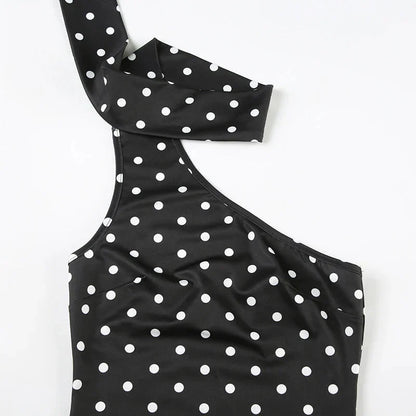 Asymmetrical Polka Dot Tank Top with Scarf Chic Sleeveless Skinny Black Cropped Tops Casual Streetwear Tee y2k Vest
