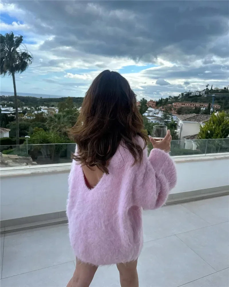 Trendix Loose Backless Knit Pullover For Women's 2024 Sexy Off Shoulder Long Sleeve Sweater Femme Solid Casual Knitwear Cover-up